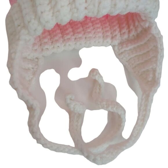 Handmade Pink and white Baby Winter Hat Pom Pom Crochet Ear flaps with ties - Picture 8 of 13